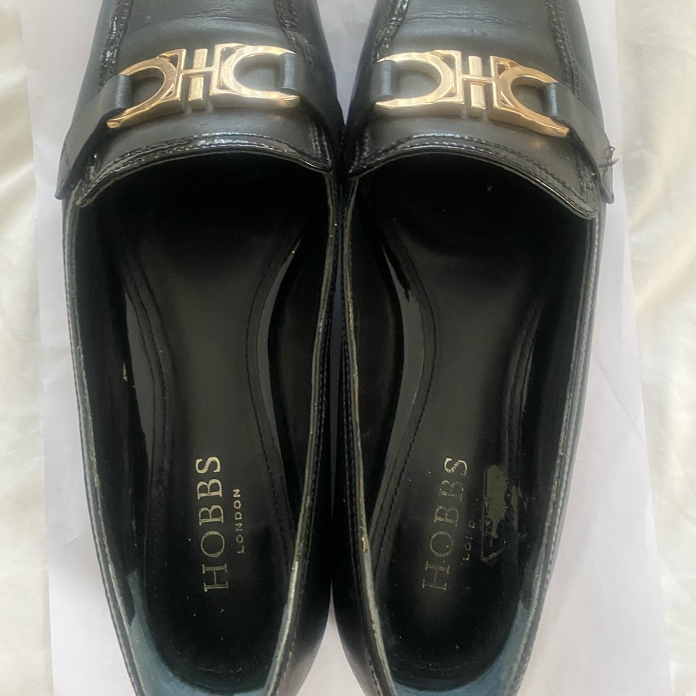 Hobbs Black  narrow Loafers with Gold Accent - Picture 2 of 6